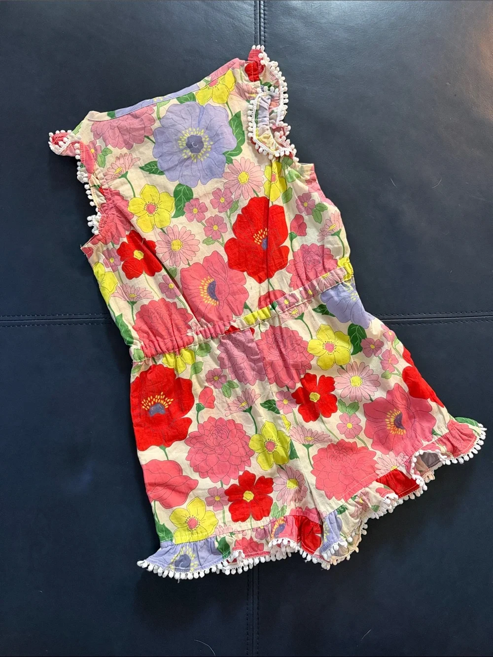 Mini Boden Floral Pom Trim Romper - Multicolor